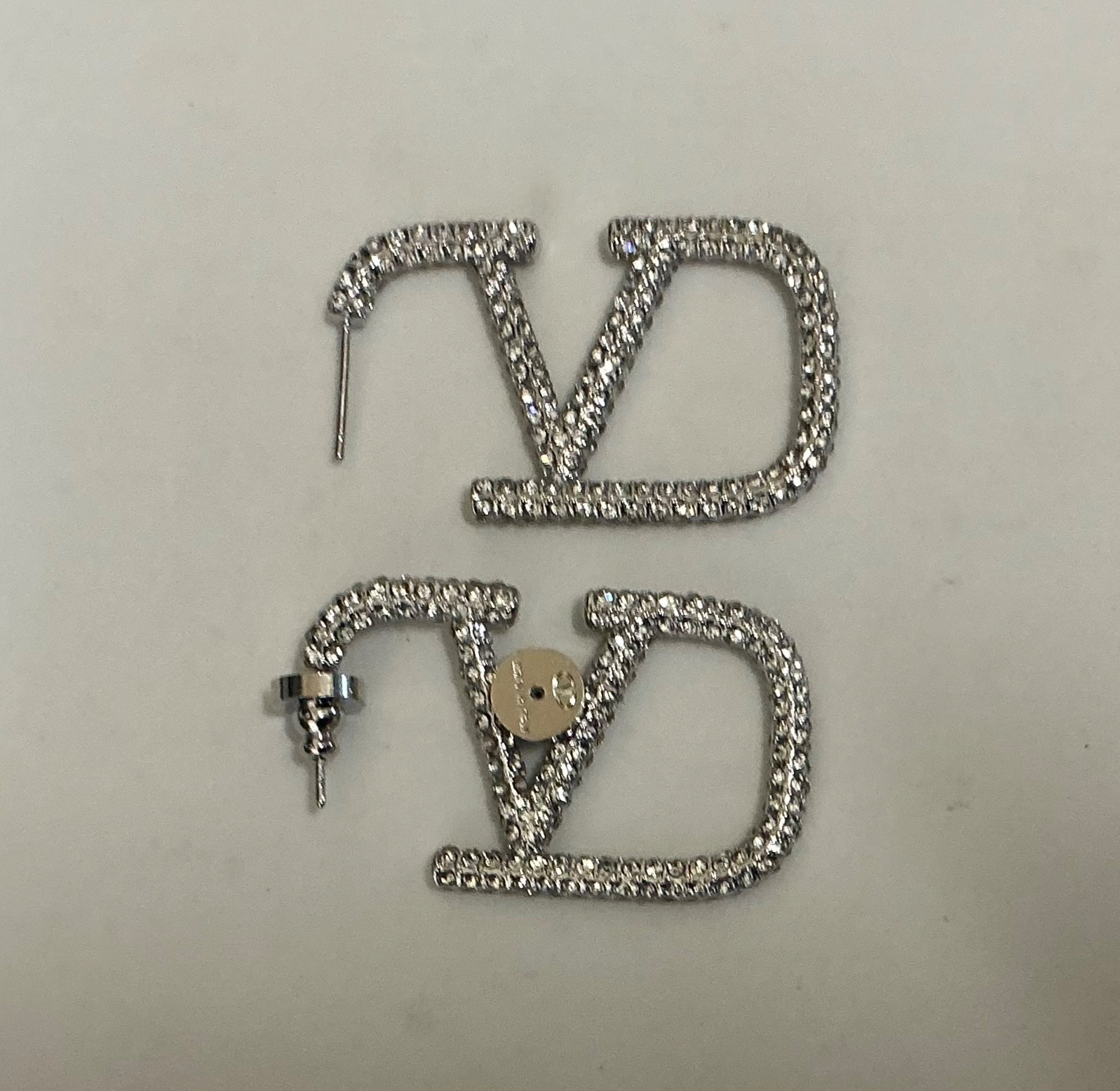 Valentino Crystal VLogo Silver Tone Statement Earrings # 582
