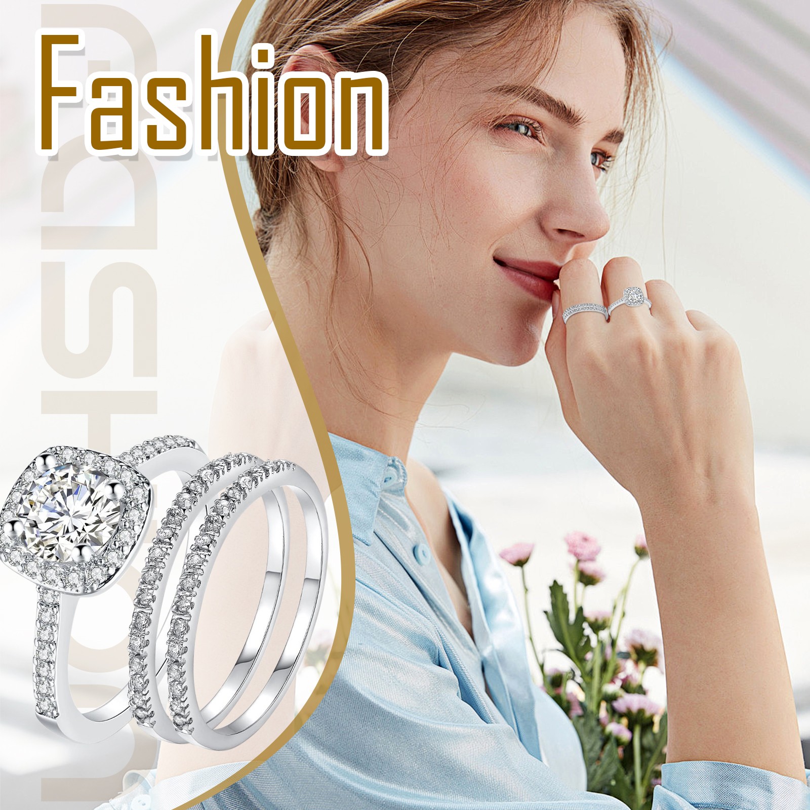 Couples Men Women Stainless Steel Ring Set Cubic Zirconia Stacking Wedding Band