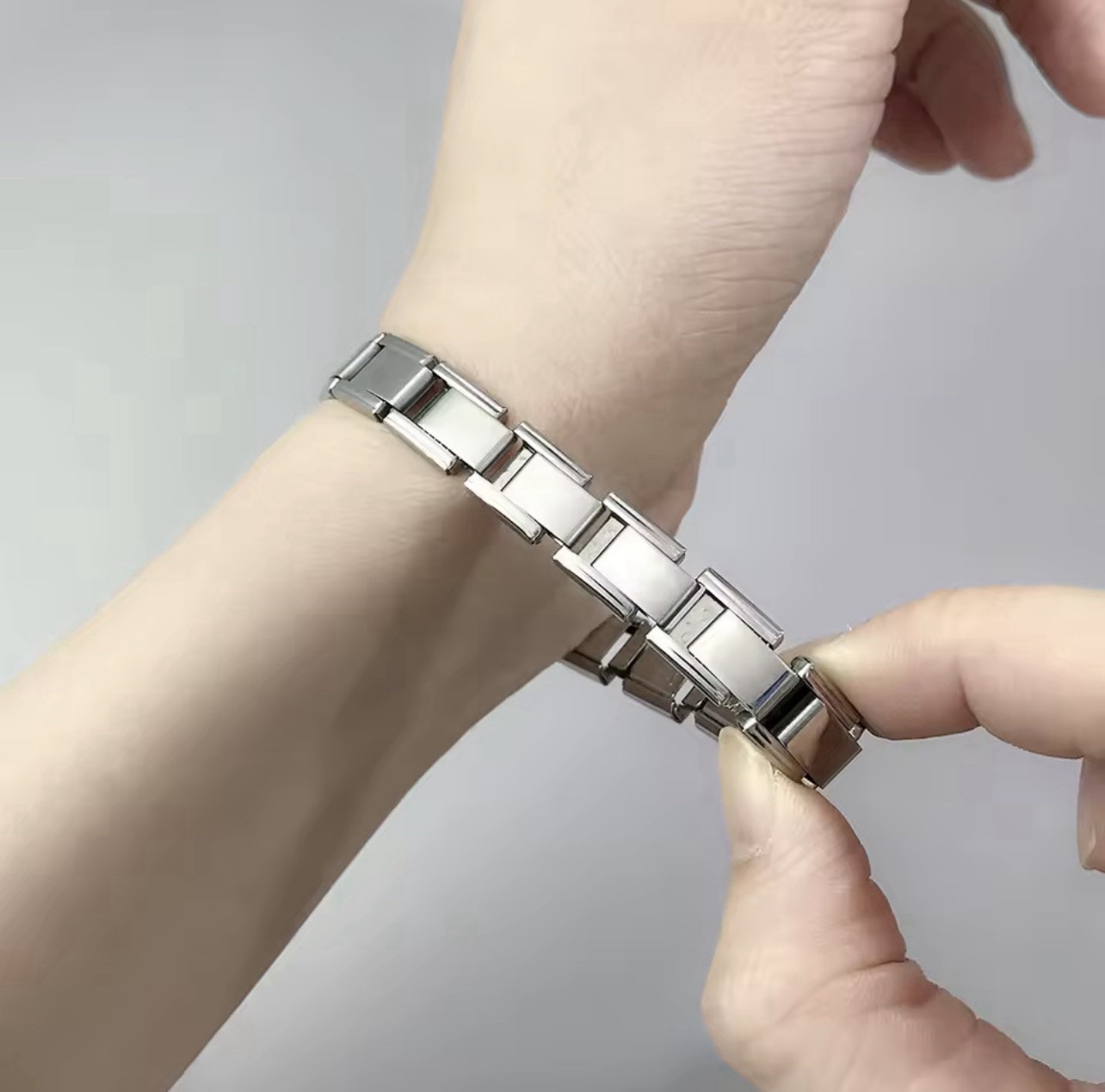 Italian modular stainless steel adjustable charm bracelet, 9mm, silver