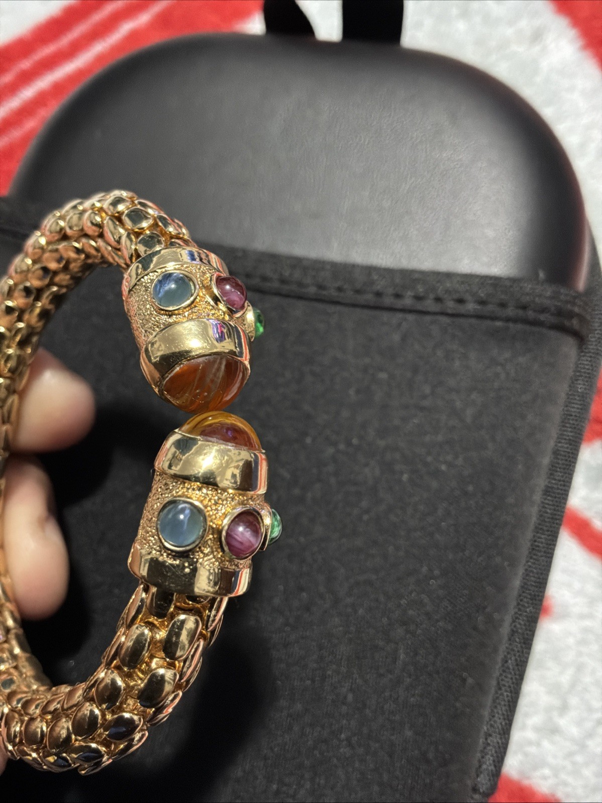 Vintage Runway Gold Tone Red Blue Green Glass Snake Skin Open Cuff Bracelet