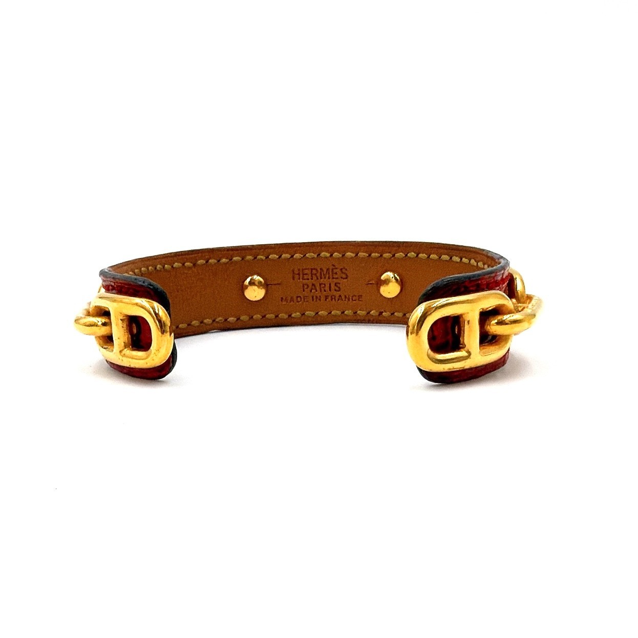 Hermes Chaine d’Ancre Cuff Bangle Lizard Leather Red Gold Chain Link Box Auth