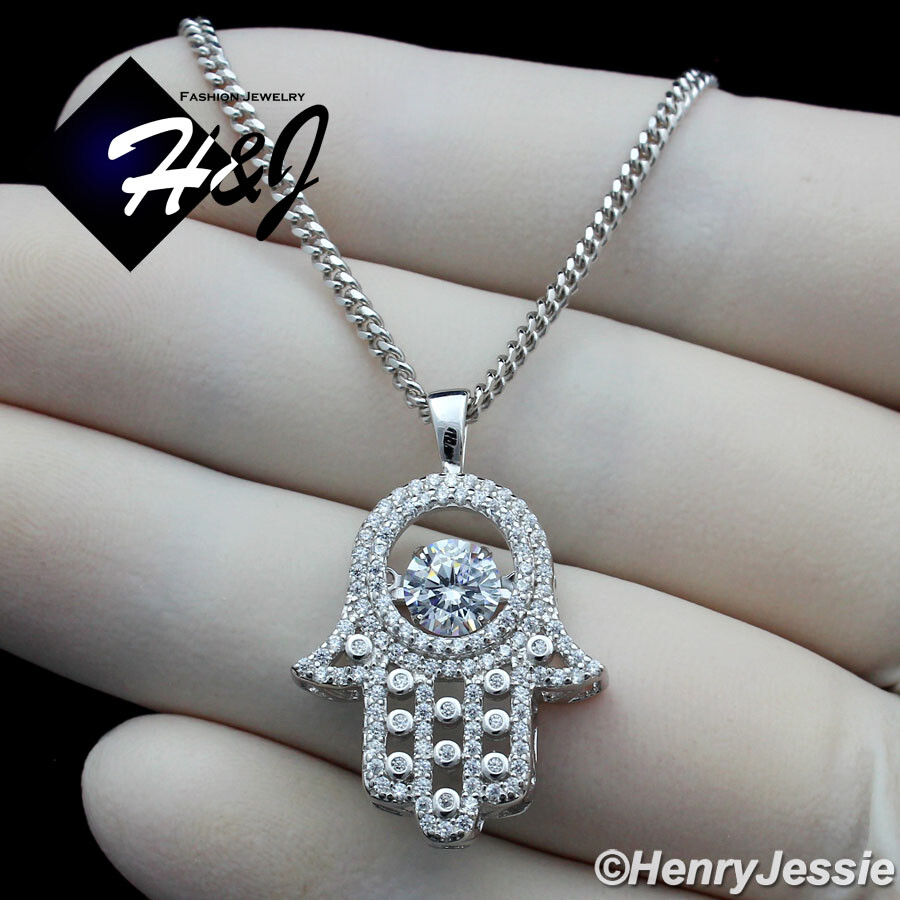 925 STERLING SILVER 20″X2MM MIAMI CUBAN CURB CHAIN ICY CZ HAMSA PENDANT*SP256