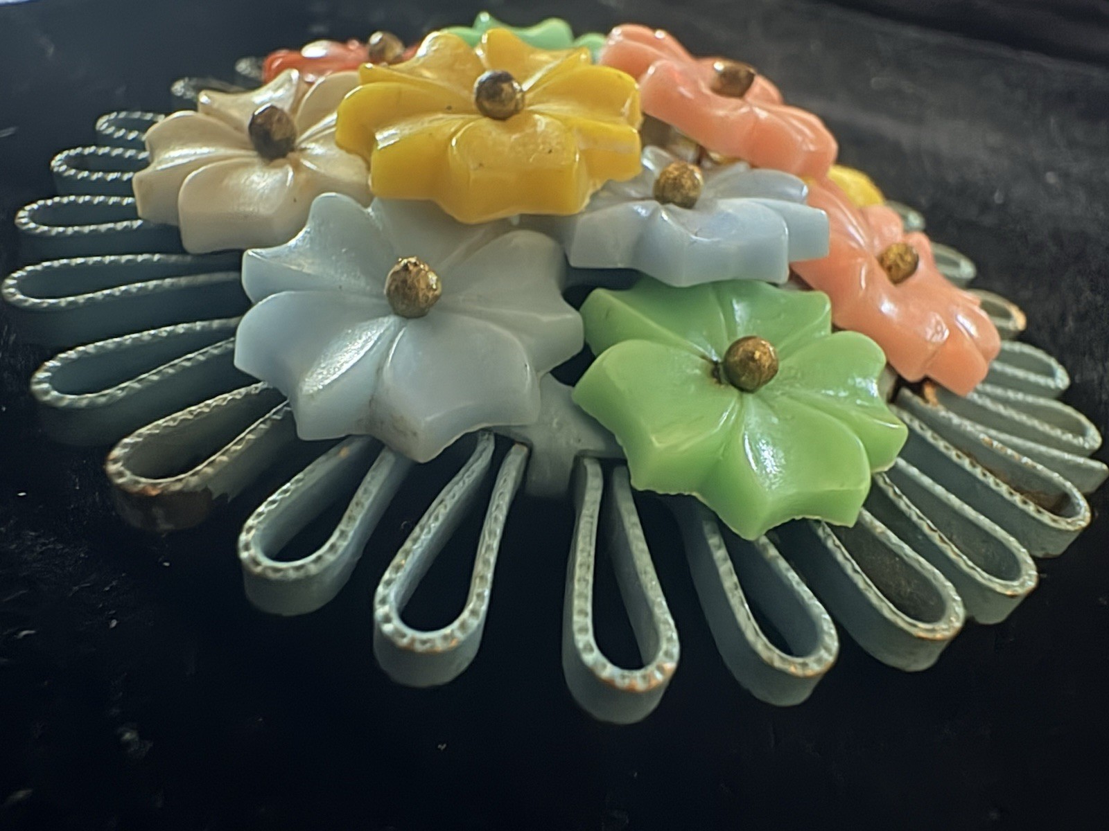 Vintage Unsigned Miriam Haskell Brooch Pin Celluloid Flowers 1930-1940s