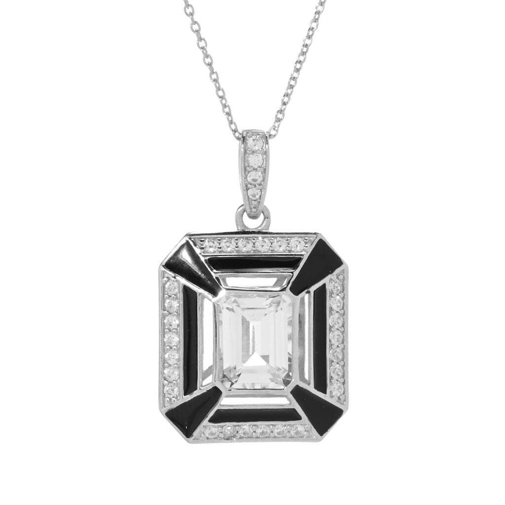 18K Gold Plated 3.64ctw White Topaz, White Zircon & Enamel Art Deco Pendant