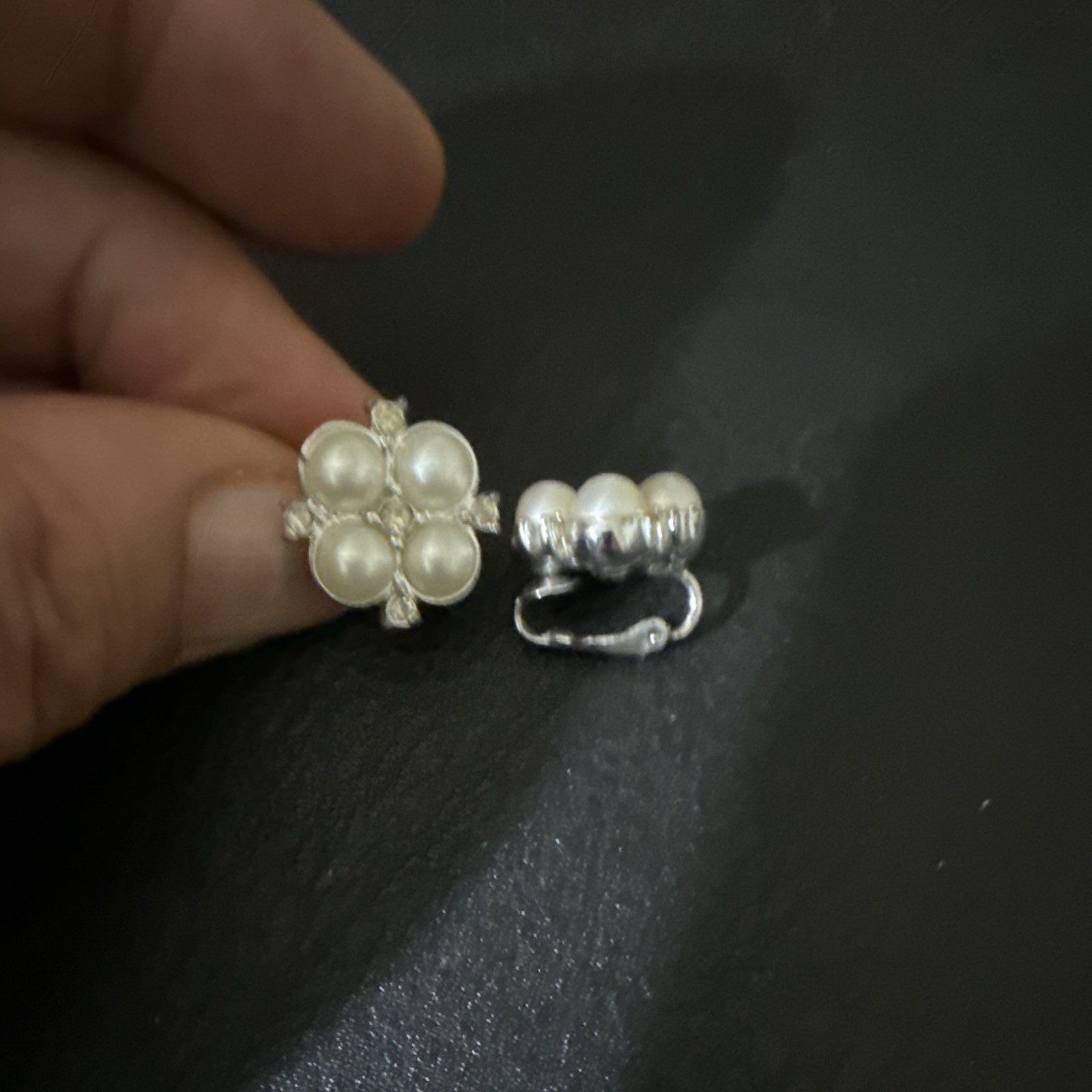 Silver Tone White Imitation Pearl Flower Cluster Clip-On Earrings Faux Pearl