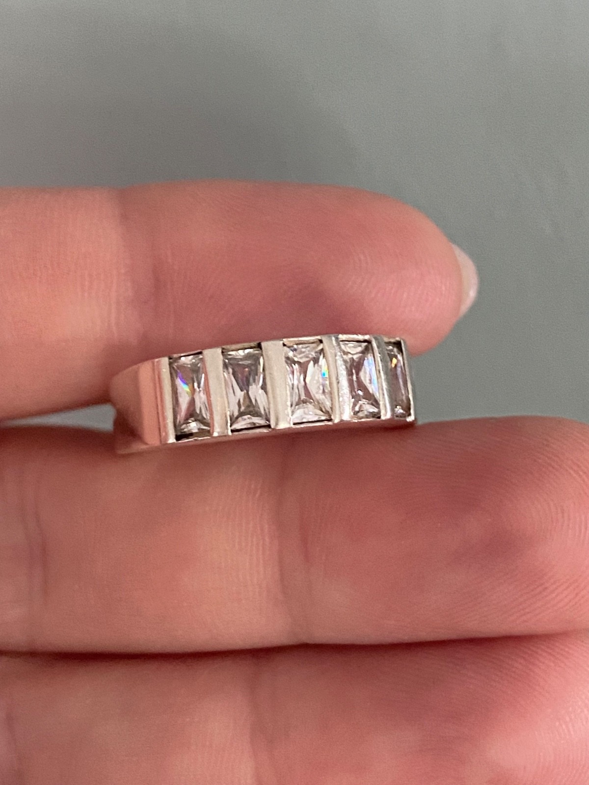 Sterling Silver Channel Set Baguette Crystal Ring, Modern 925 Silver Band