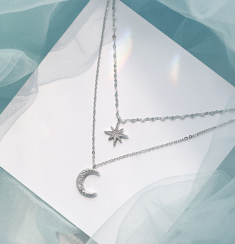 Layered Star Moon CZ Pendant 925 Sterling Silver Choker Necklace Women Gift PE55