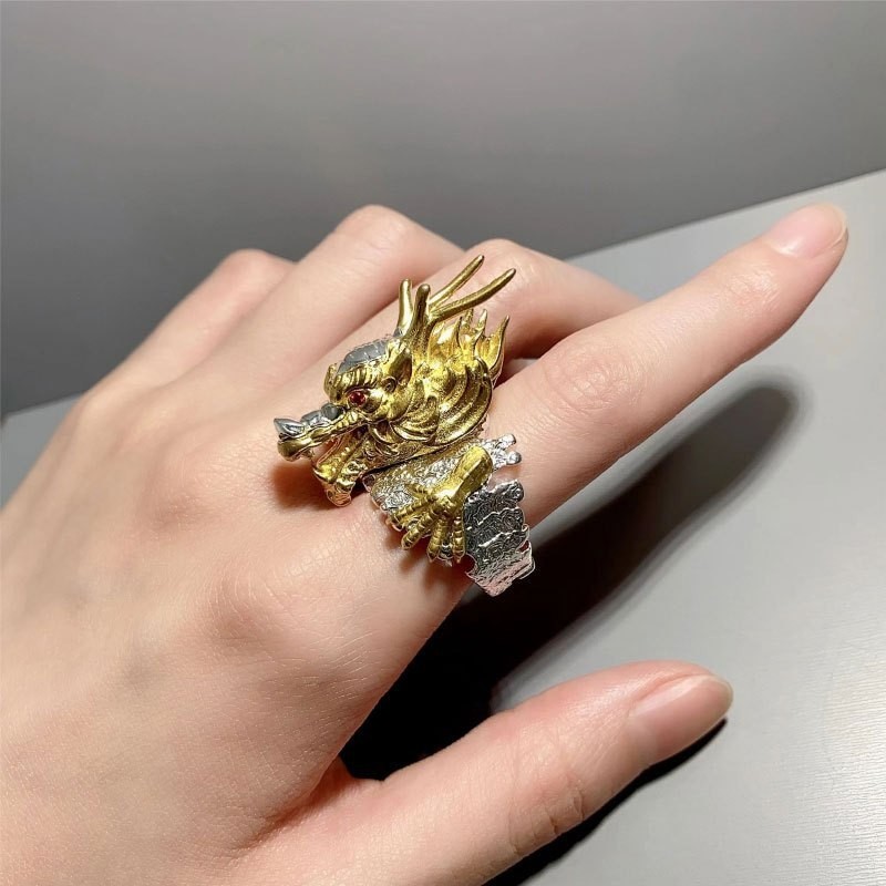 Vintage Style Chinese Style Dragon Adjustable Ring Men Open Finger Ring