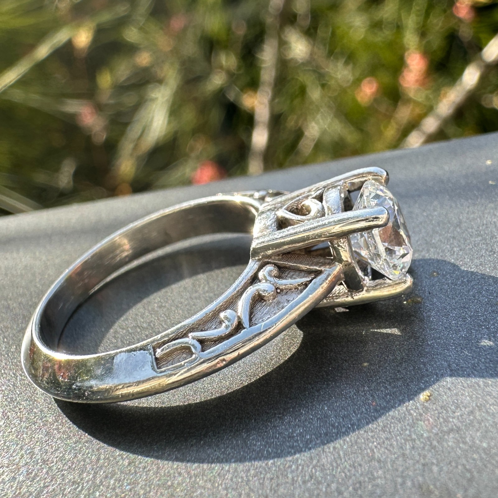 Unmarked Sterling Silver Engagement-Style Ring SZ 5.75 w Side Details & 6.5mm CZ