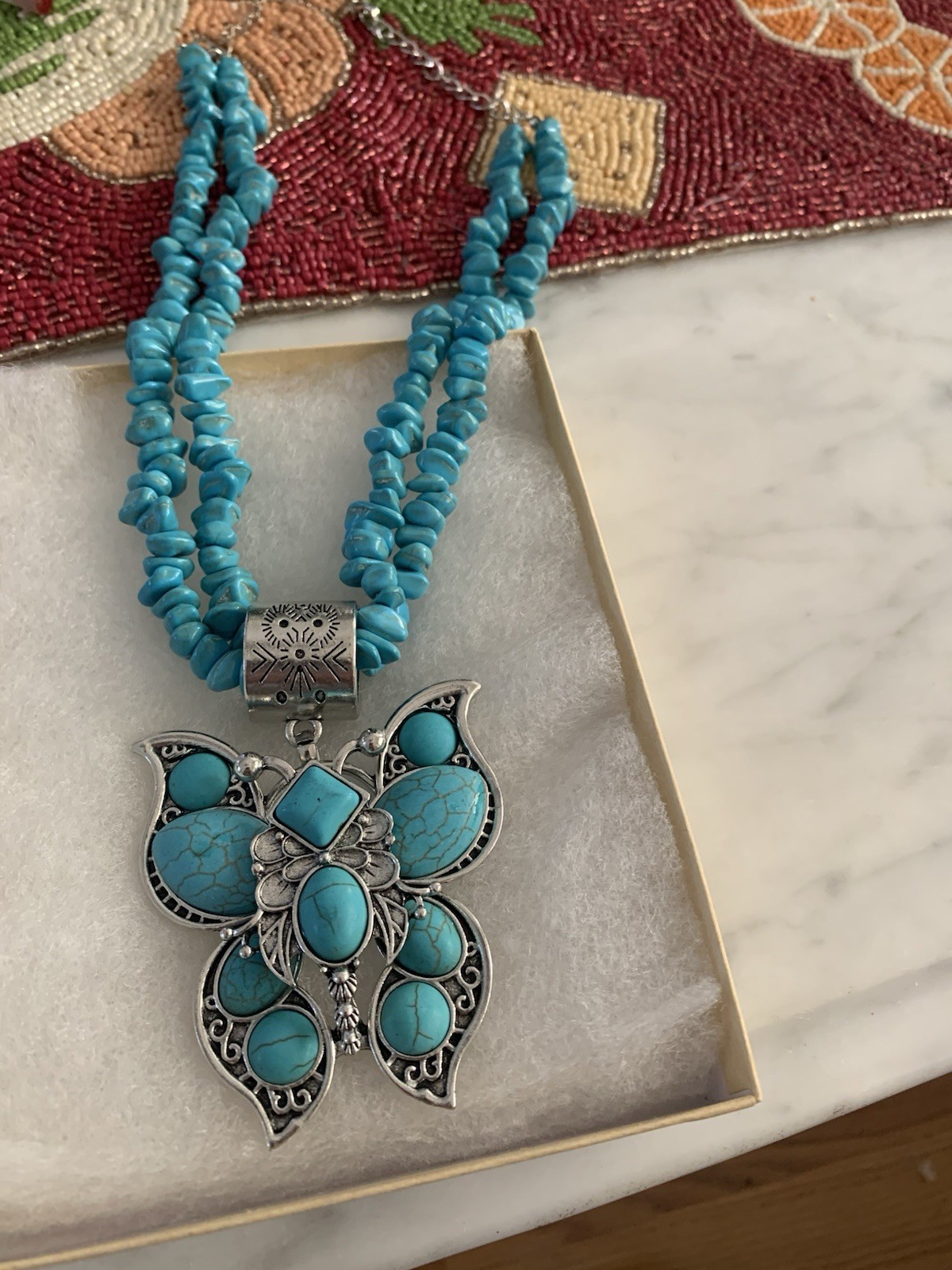 Turquoise Necklace Pendant With Butterfly 15 Inches Without Extender, 20 Inches