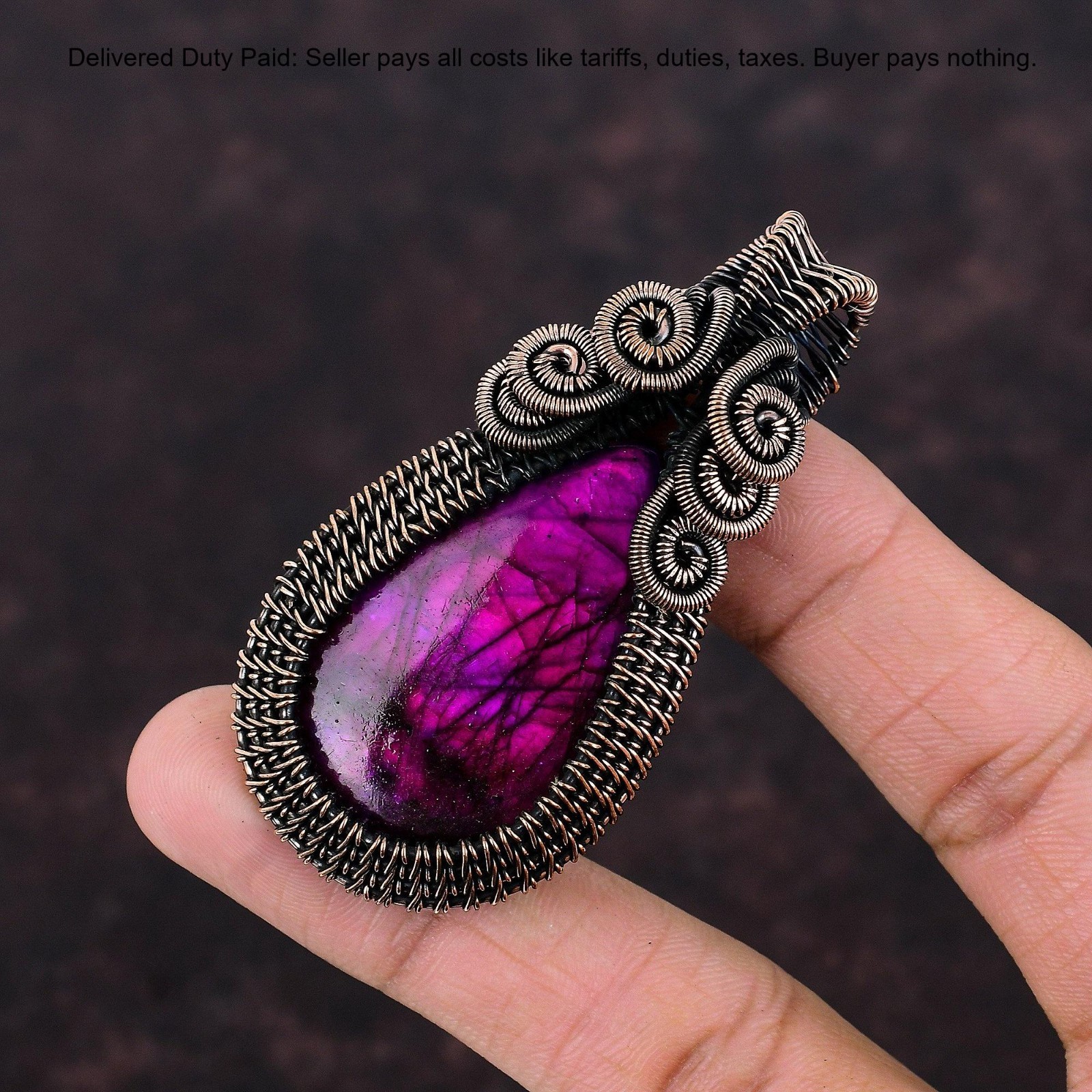 Copper Pink Fire Labradorite Stone Daughter Wedding Wire Wrapped Pendant Jewelry