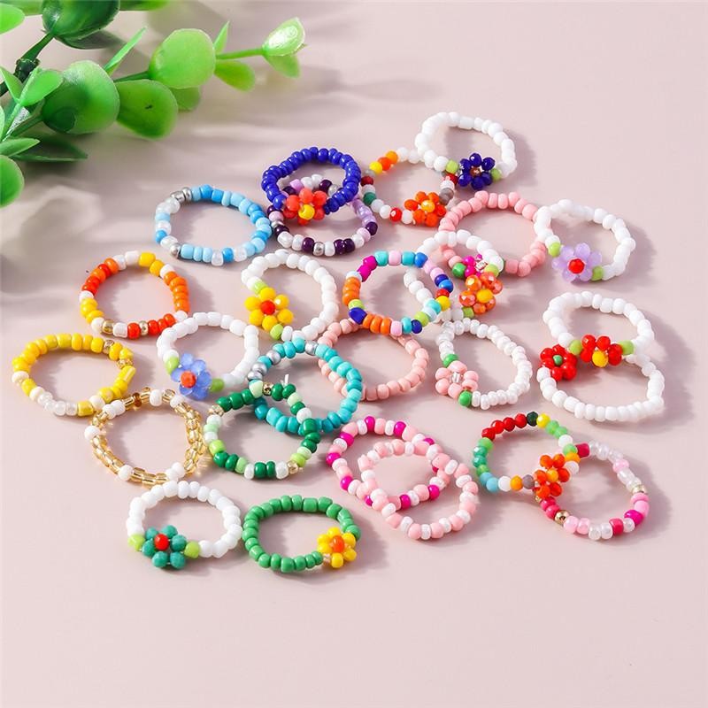 Bohemian Handmade Colorful Flower Beaded Ring Set for Women Beach Jewelry Gift
