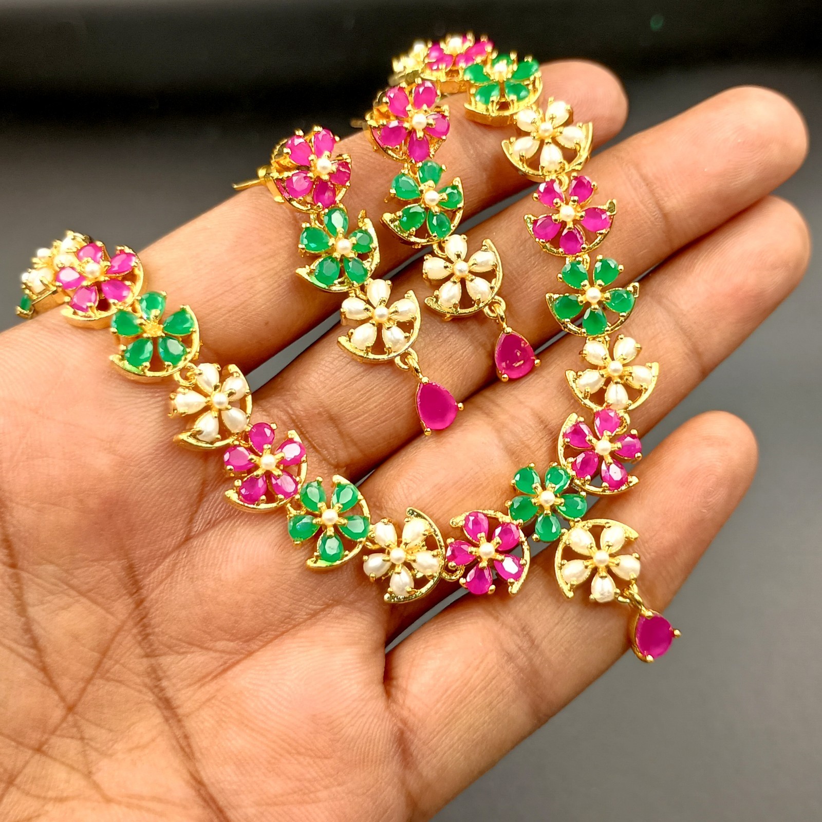 Vintage Flower Ruby Emerald Pearl Jewelry Set 22K Gold Plated Necklace Wedding G