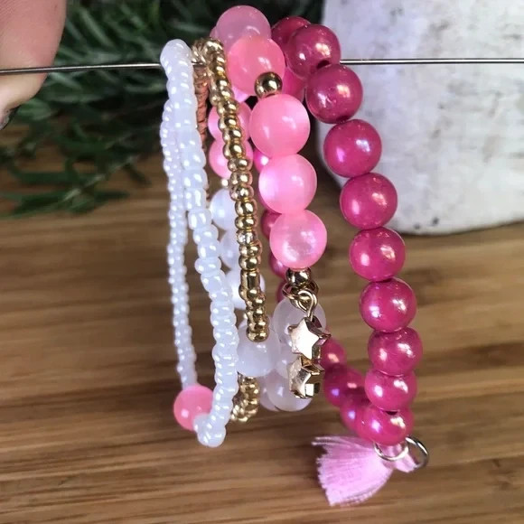 Pink and Gold Beaded Stacking Stretch Bracelet Set, 6.5″