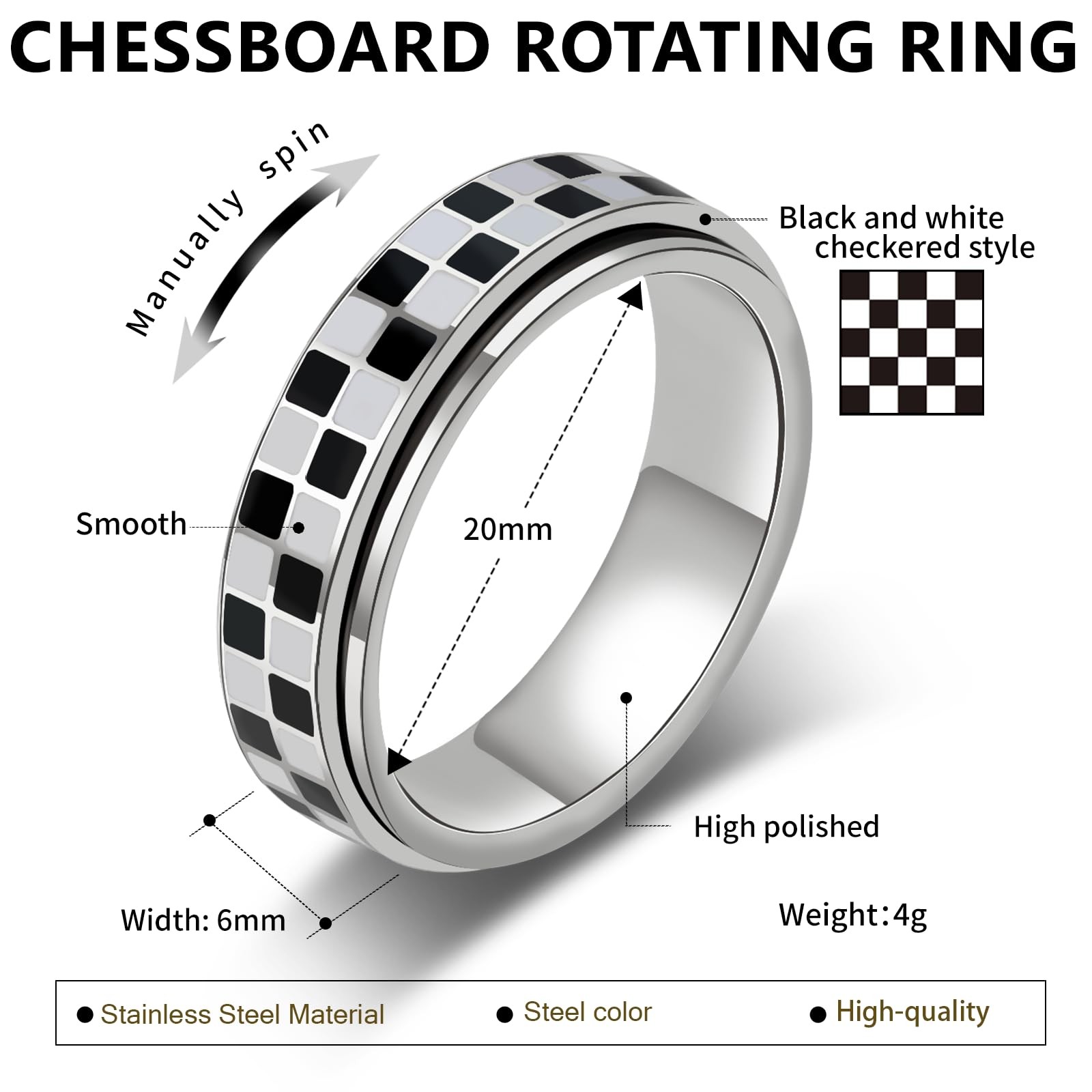 Checkered Fidget Ring for Adults – 18K Gold Plated Stainless Steel Size 8