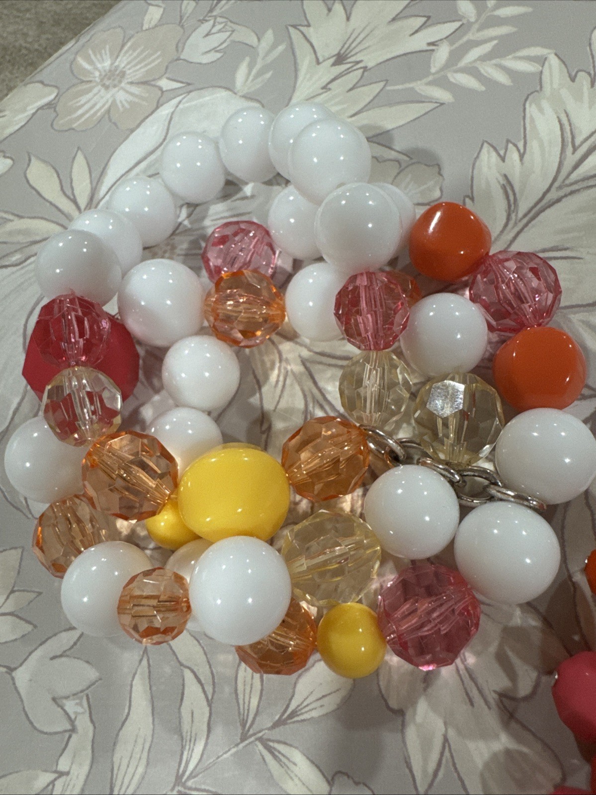 Lot Of 2 White Yellow Pink Orange Beaded Crystal Statement Bracelets Stretchy
