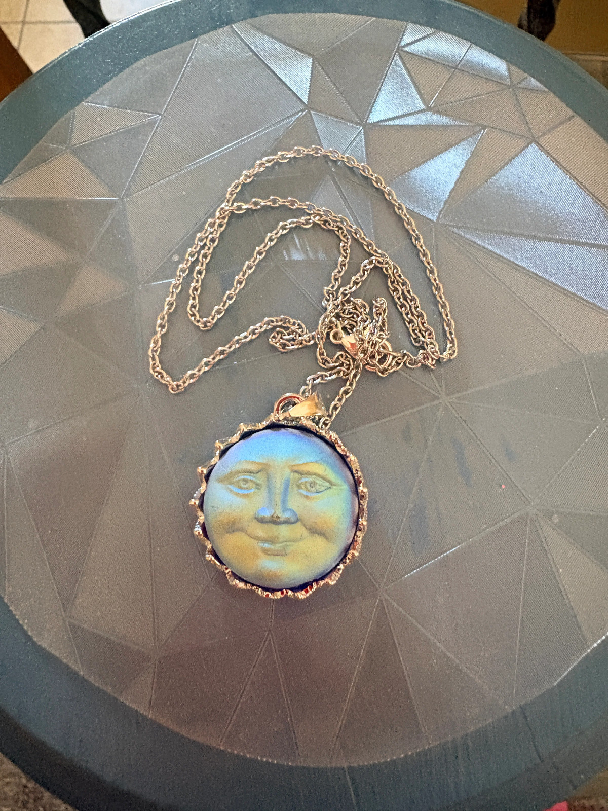 Iridescent Blue Moon Face Pendant Necklace
