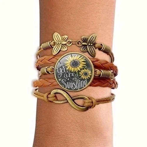 Sunflower Multilayer Leather Wrap Bracelet Women Boho Infinity Charm Bronze Gift