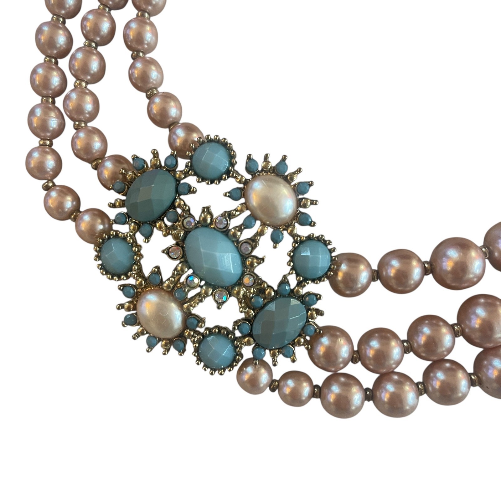 Luxury Vintage Style Necklace Blue&Blush Gem Cluster 3 Strand 18″ Any Occassion