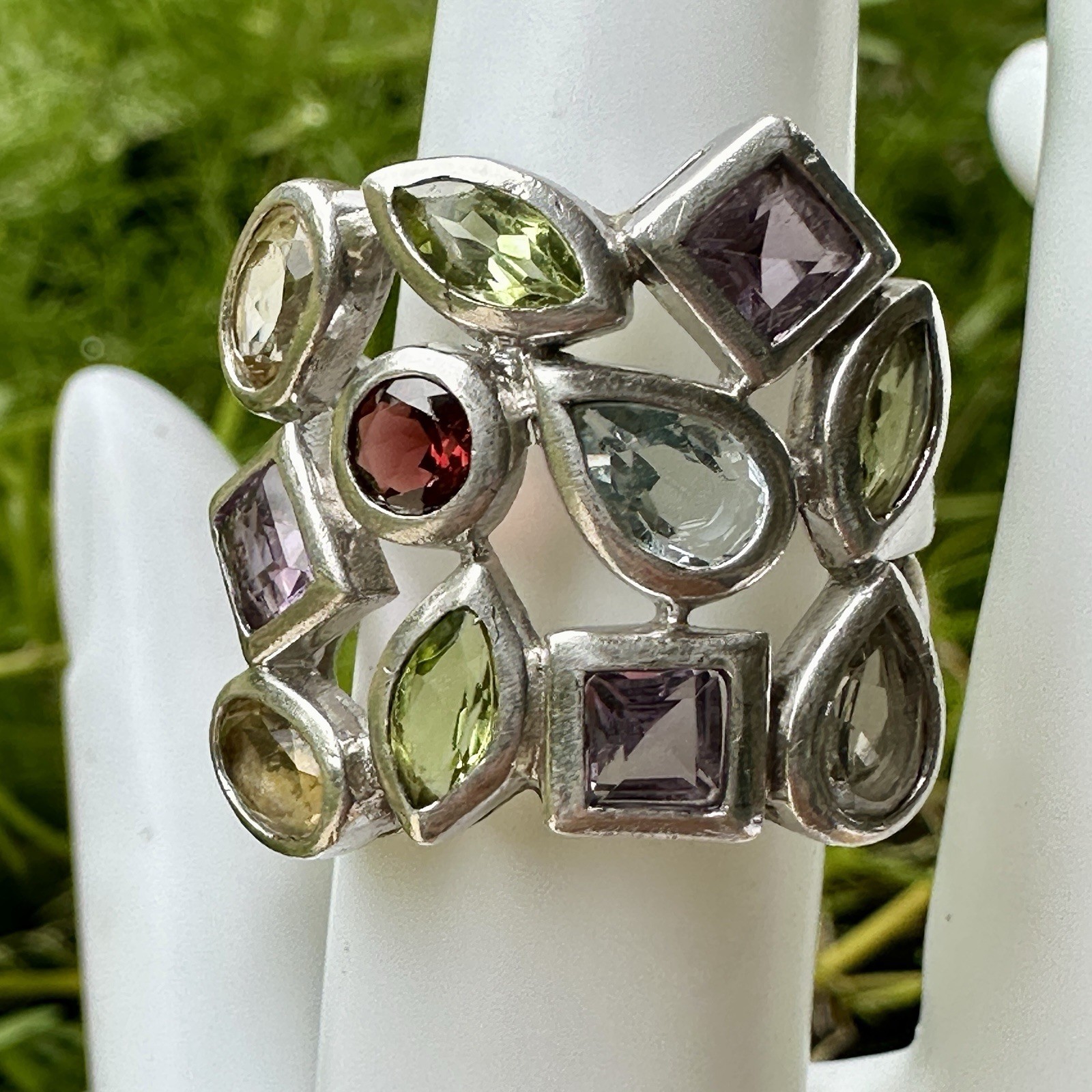 VTG ADI Statement Ring Size 6 Peridot Amethyst Garnet Gems 925 Sterling 9.1g