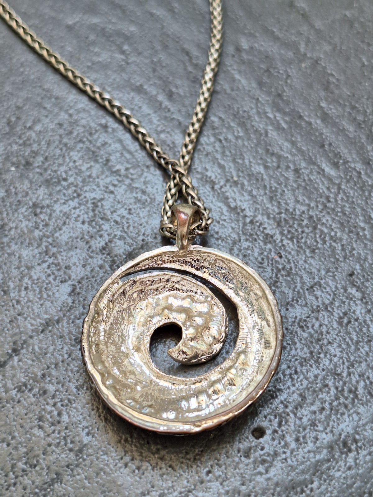 Crescent Swirl spiral wave round metal pendant necklace + crystals vintage
