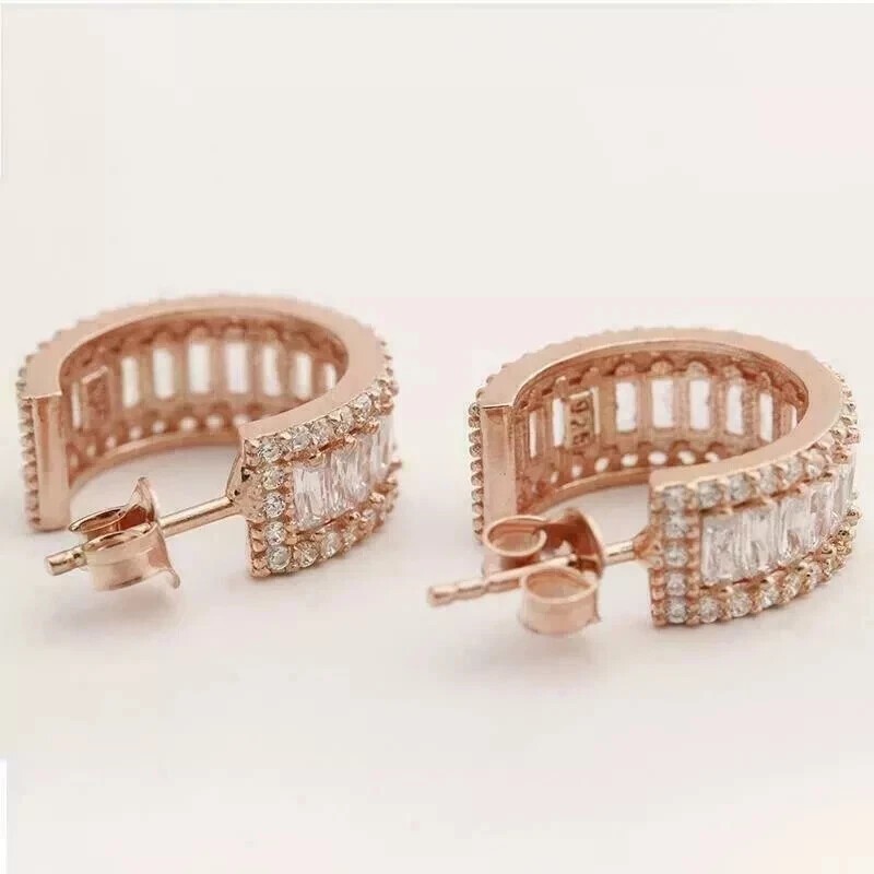 14K Rose Gold Plated 2.40Ct Baguette Cut Simulated Diamond Hoop Women’s Earrings