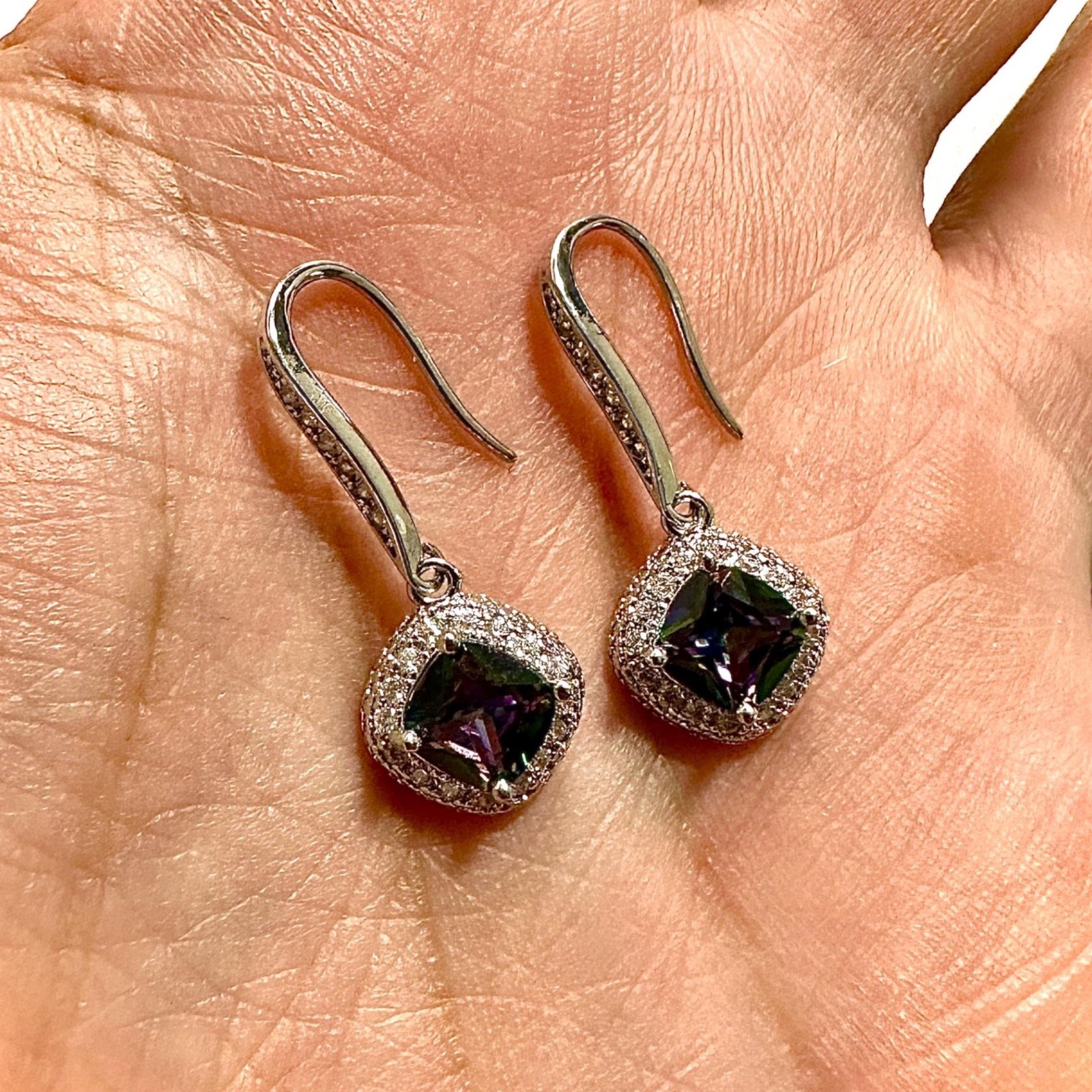 Mystic Topaz CZ Earrings 6mm Silver Plated 35mm Rainbow Dangle Drops