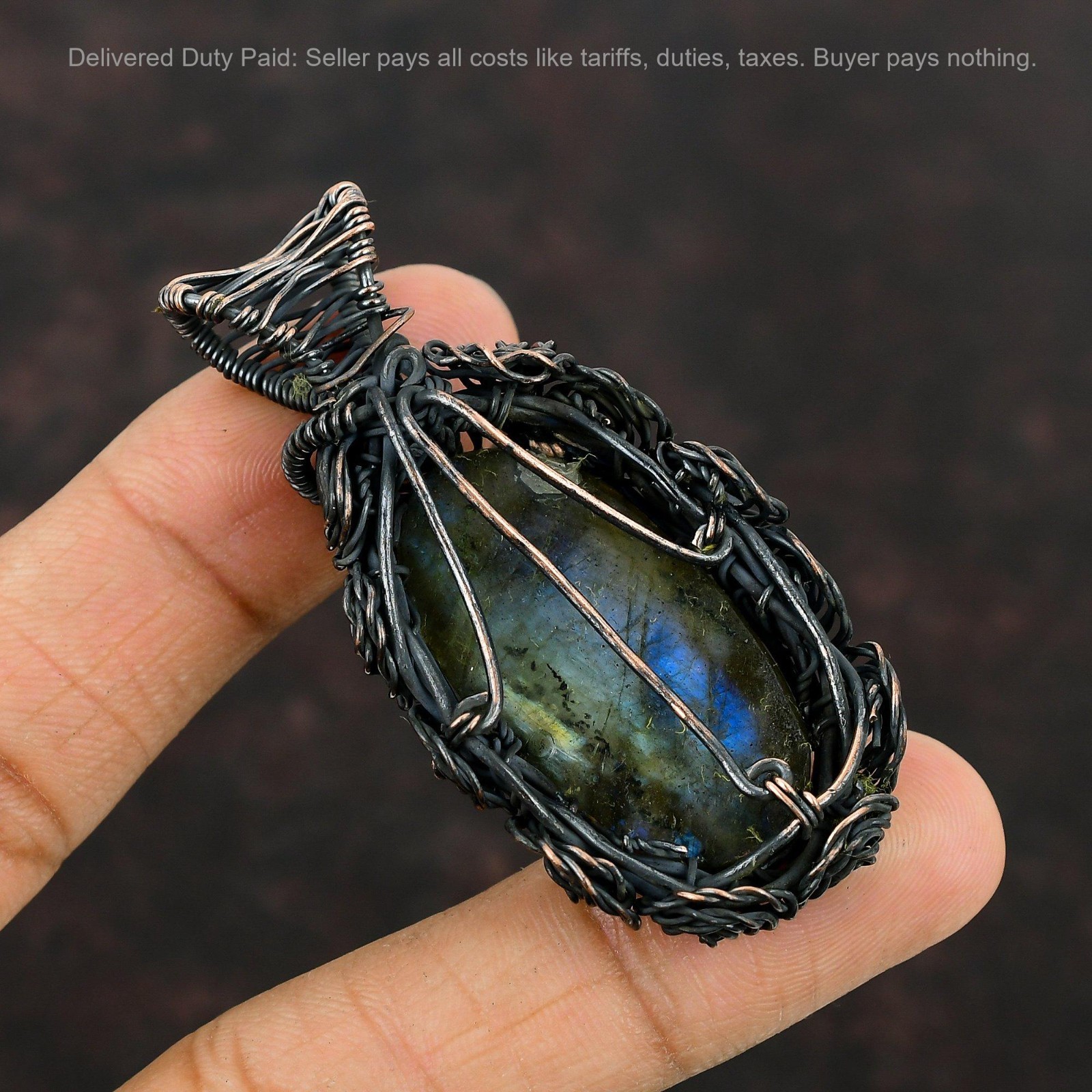 Natural Labradorite Copper Engagement Sister Wire Wrapped Flower Pendant Jewelry