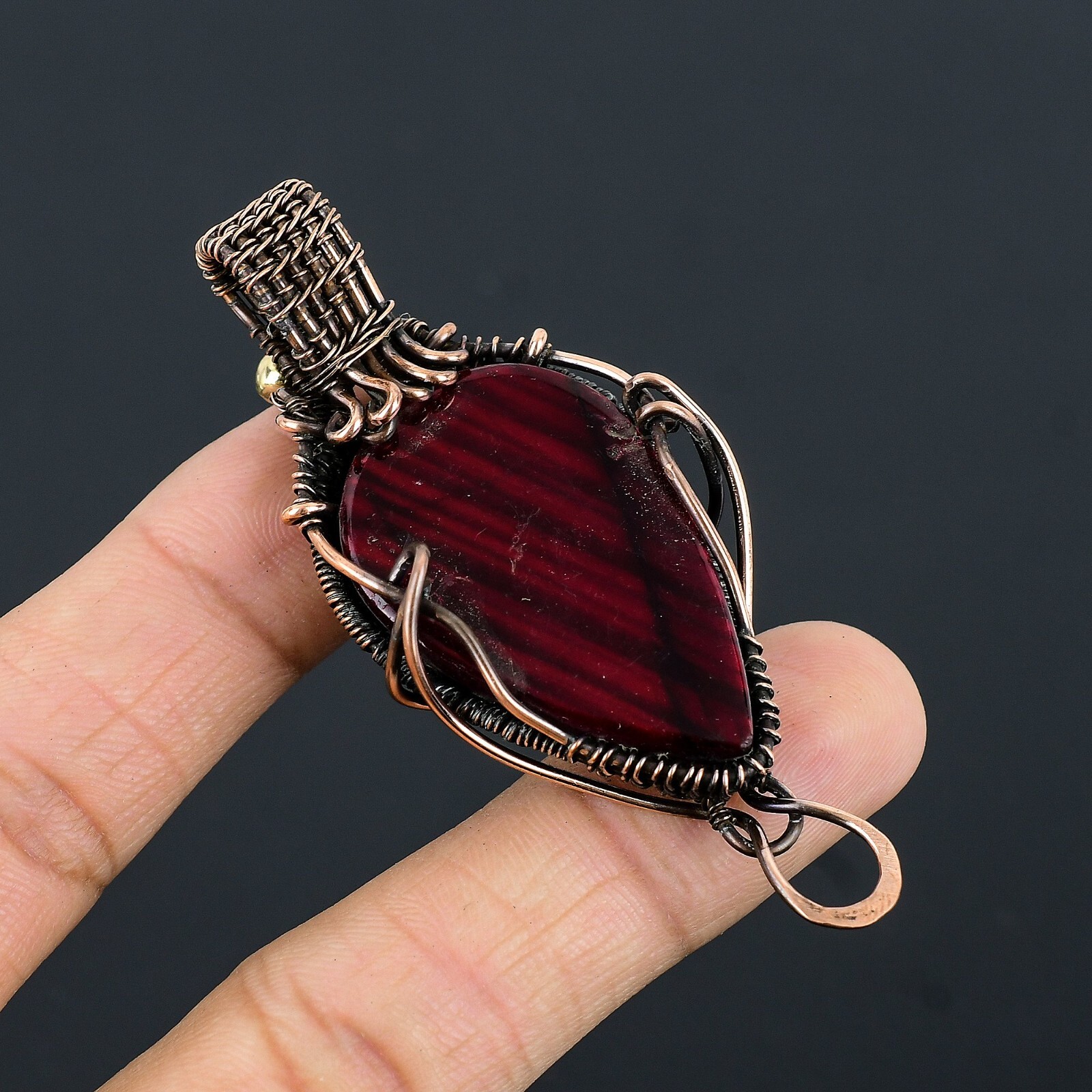 Red Flash Labradorite Gemstone Copper Wire Wrap Handmade Pendant Gift For Her