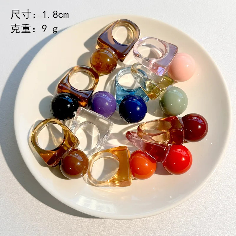 Resin Ball Shape Ring Chunky Geometric Adjustable Wedding Band Women Jewelry