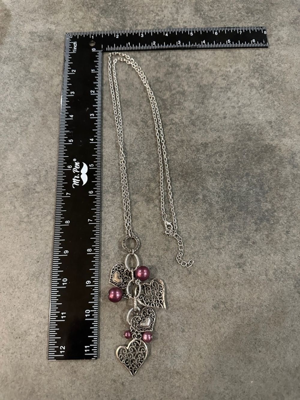 Filigree Heart Pendant Necklace Purple Beads Silver Tone Chain 30-32 Inch Womens