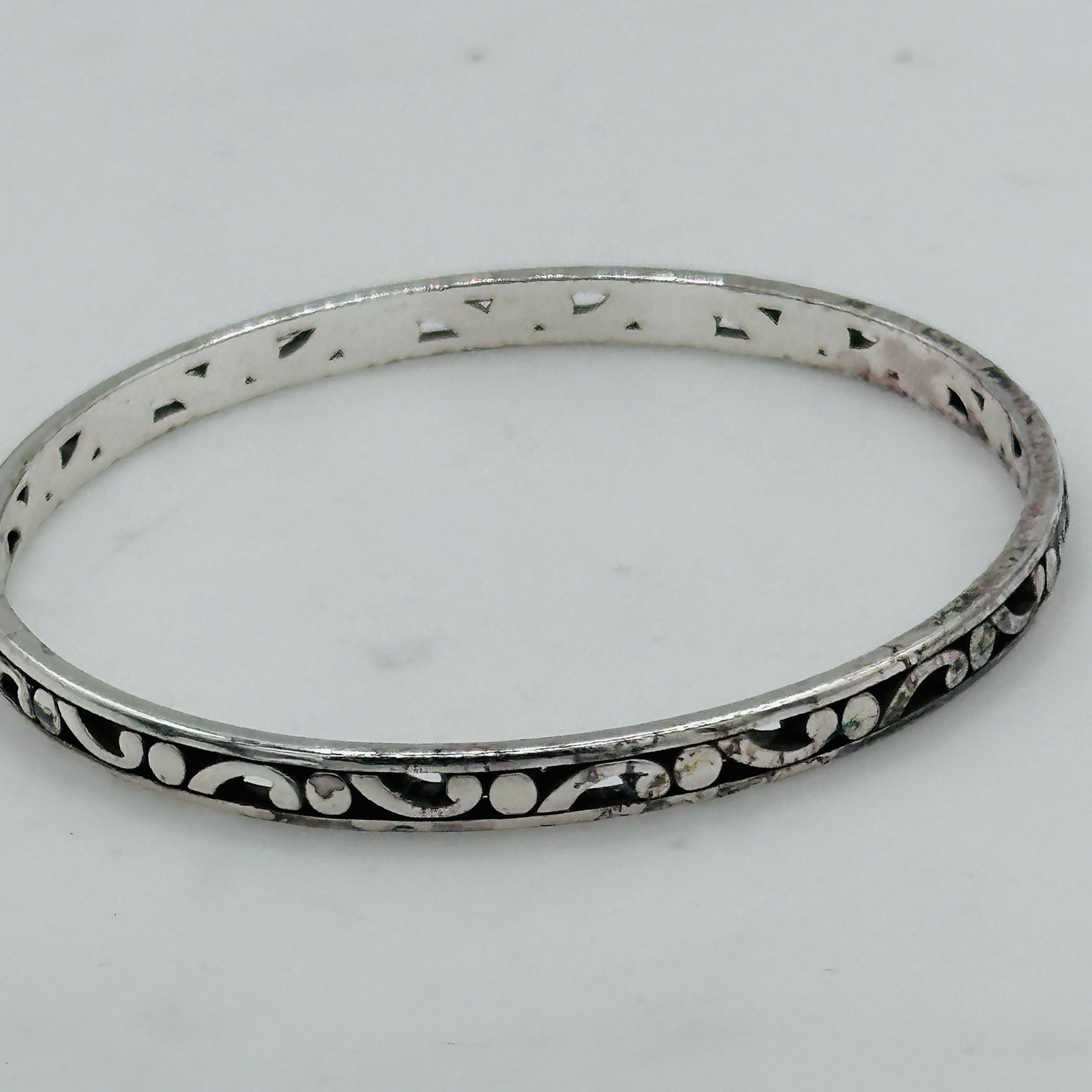 Brighton Contempo Slim Bangle Bracelet Silver Tone Scrollwork Stackable 2.5”