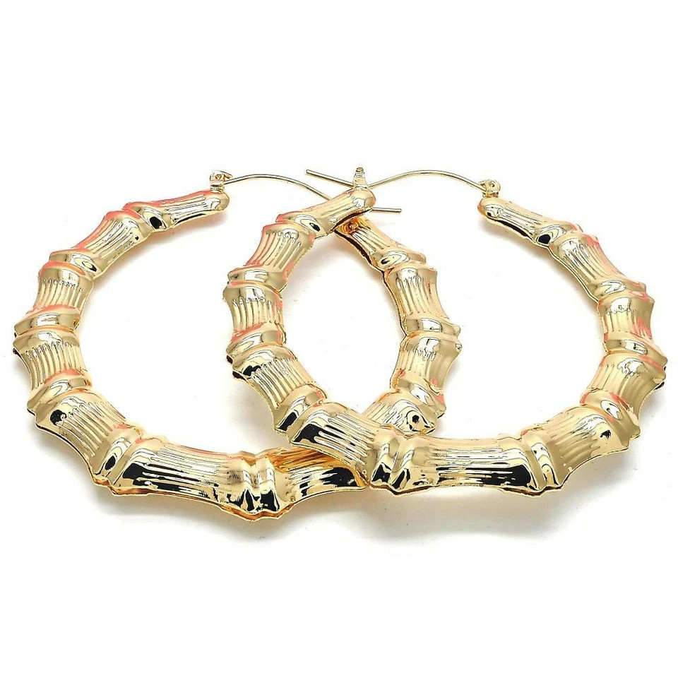 18K Gold Filled Round Bamboo Hoop Earrings 30-80mm Layered Big Hoop Jewelry