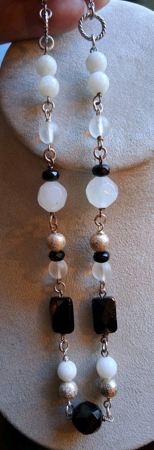 Glass And Stone Chain Beaded Necklace Black, Cream, Silver Lobster Clasp 20″