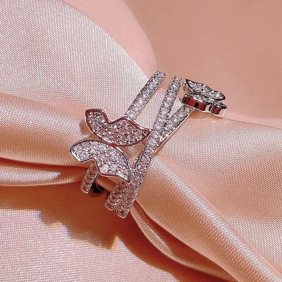 Round Cut Simulated Diamond Butterfly Engagement Ring In 14K White Gold Plated