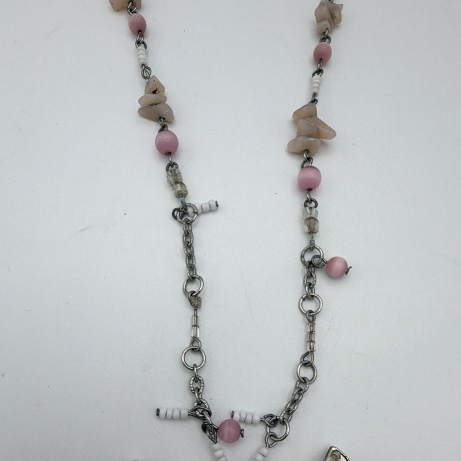 Pink Crystal Beaded Necklace Silver Tone Chain Butterfly Charm Lobster 18+3in