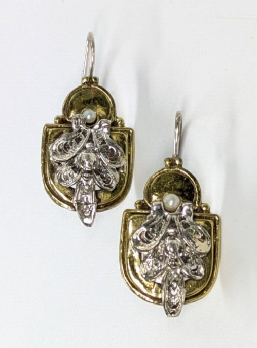Artisan Handmade Brass & Sterling Seed Pearl Regal Style 1 5/8″ Pierced Earrings