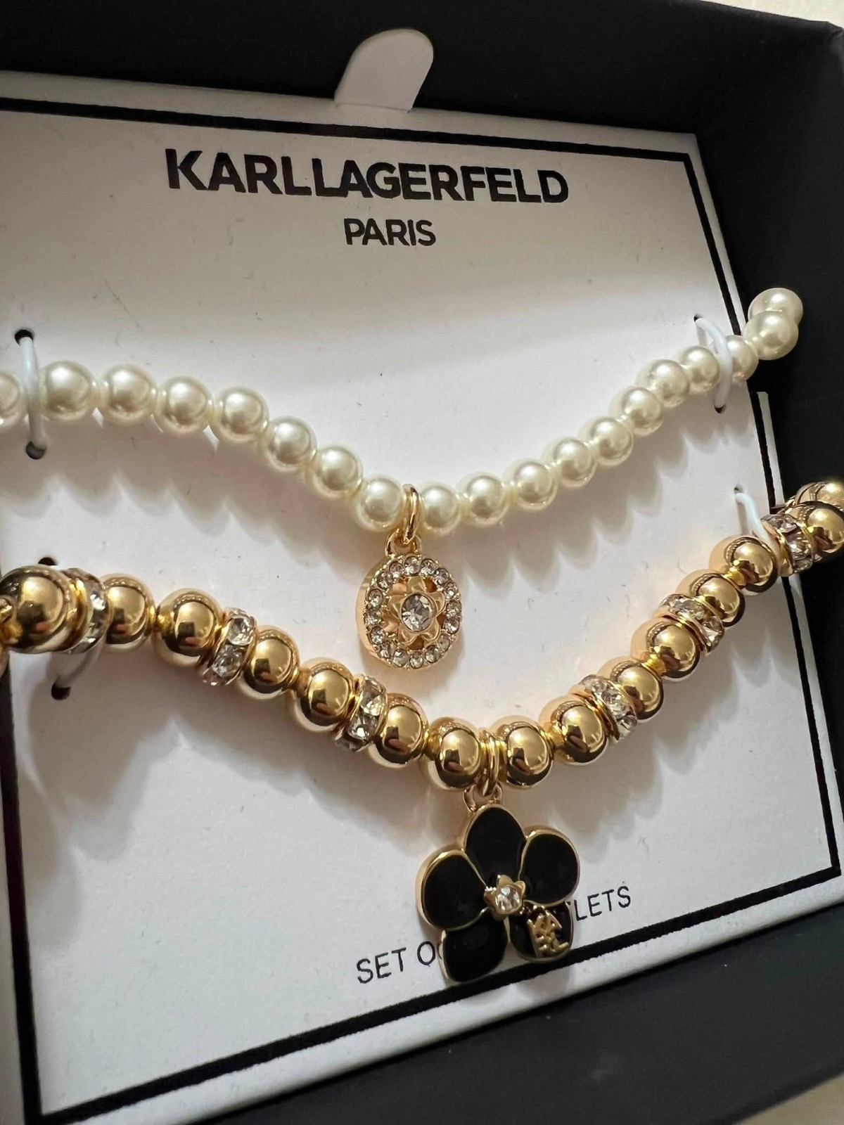 KARL LAGERFELD PARIS 2-Pc. Set Orchid Charm Beaded Stretch Bracelets – NIB