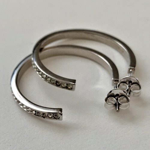 Solid Sterling Silver C-Shaped Channel-Set Cubic Zirconia Stud Hoop Earrings