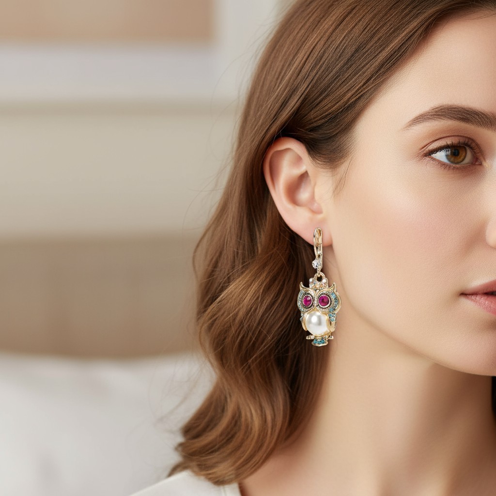Betsey Johnson Pearl Owl Drop Earrings – Gold-Tone Critter Mixed Stone Accents