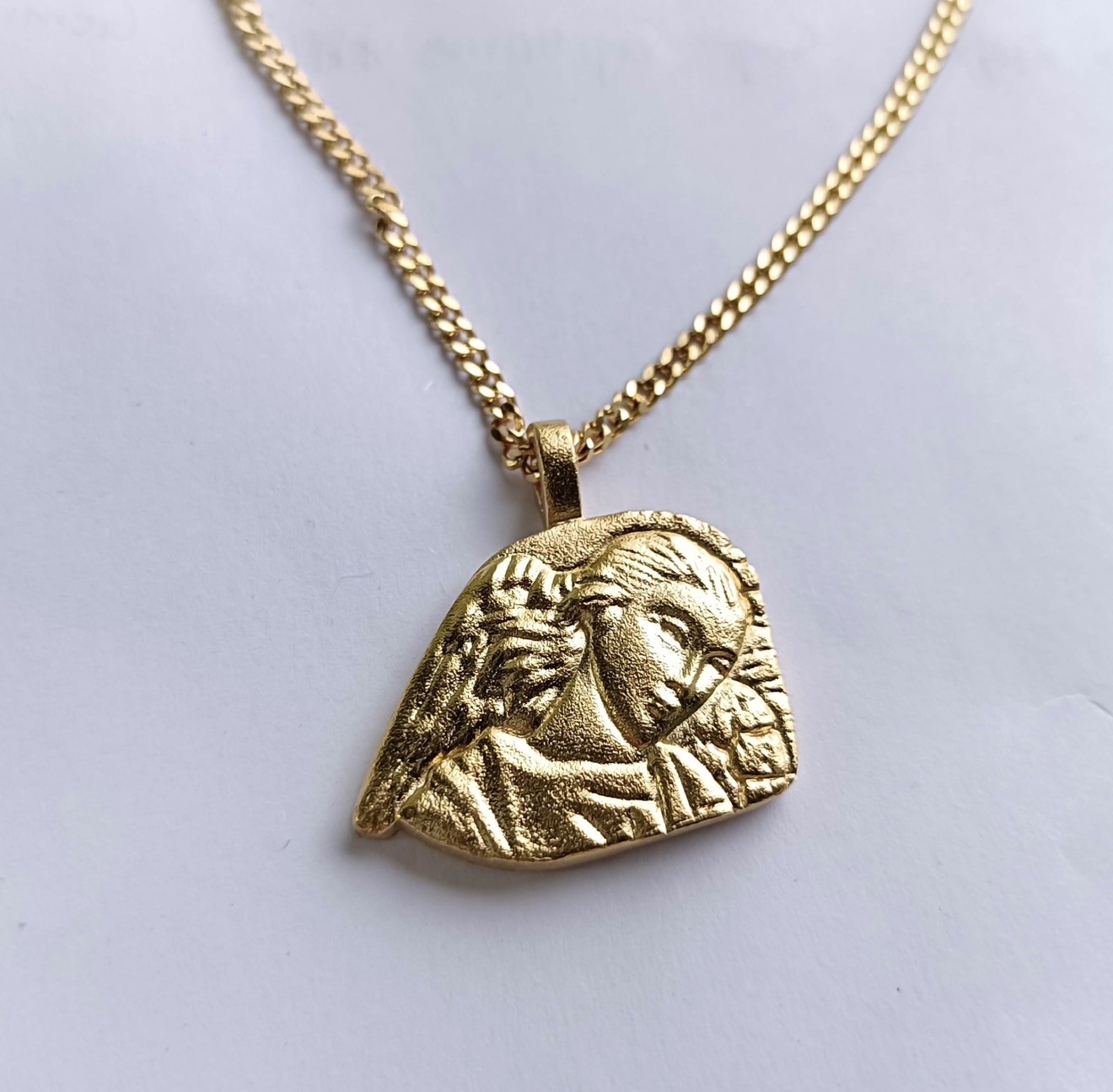Gold Tone Religious Pendant Chain Necklace Round Textured Metal Yeezy Season