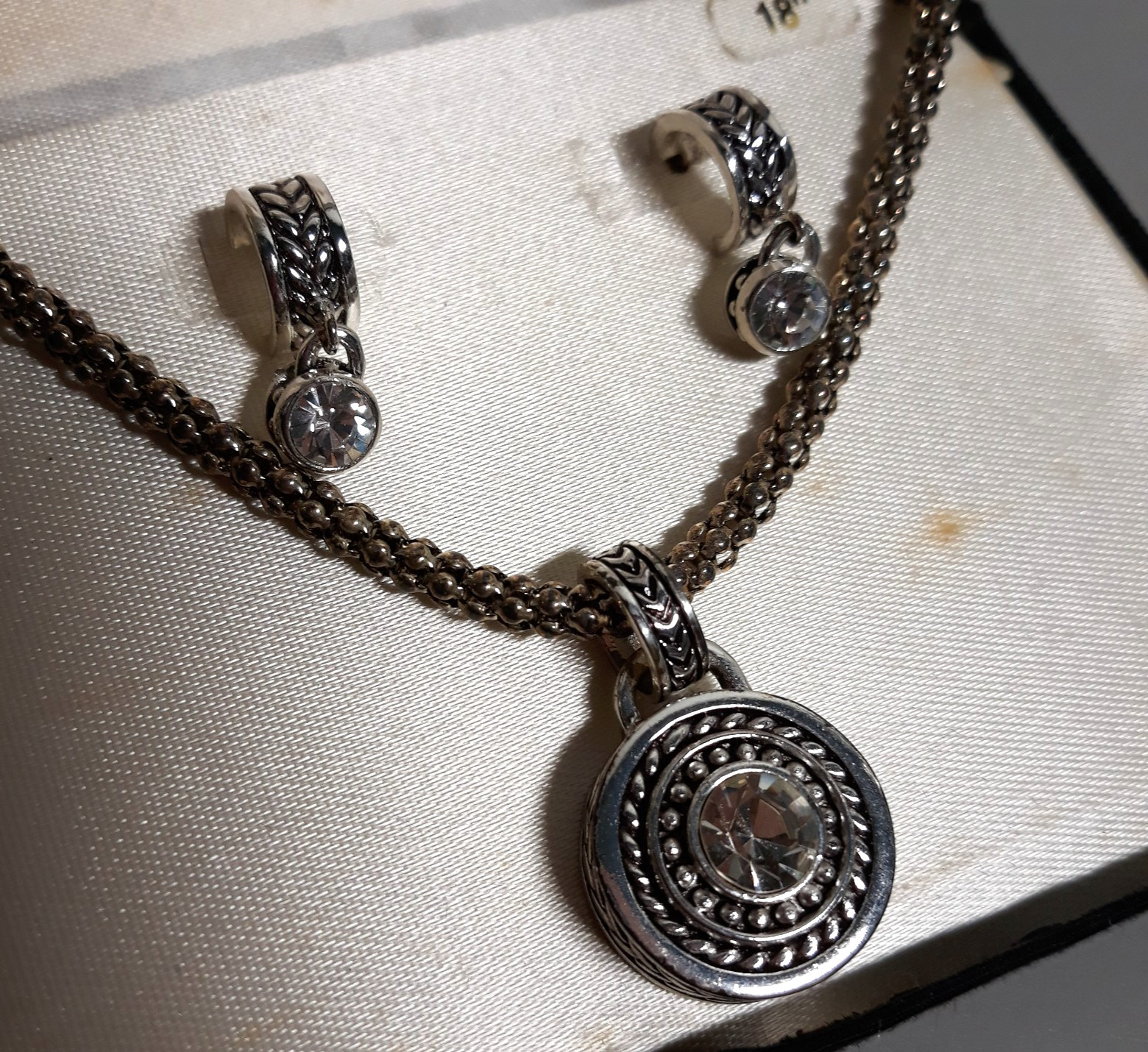 Vintage Roman Silvertone Necklace and Earring Set – Clear Stone Accents – Boxed 