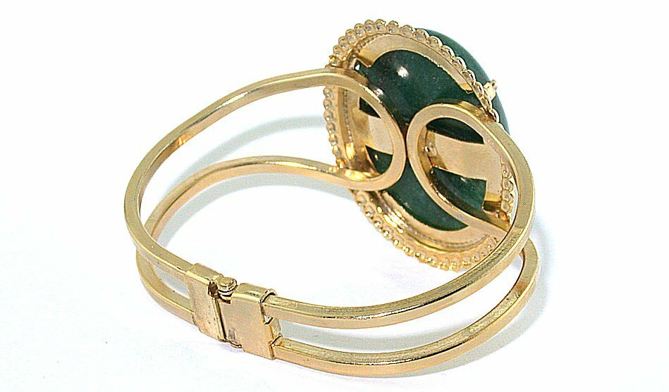 40×30 Dark Green Aventurine Cab Spring Load 7 1/2 Inch Goldplated Cuff Bracelet