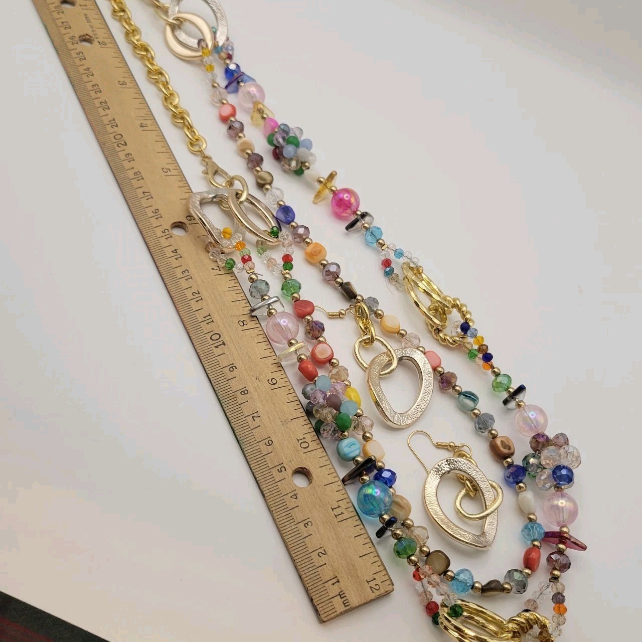 Necklace Earrings Multicolor 28″ Beads Varies Goldtone Lightweight Spring