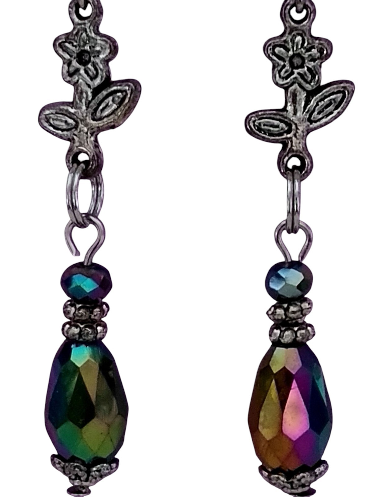 Handcrafted IRRIDESCENT BEADS SILVERTONE FLOWERS Double-Sided Dangle Earrings