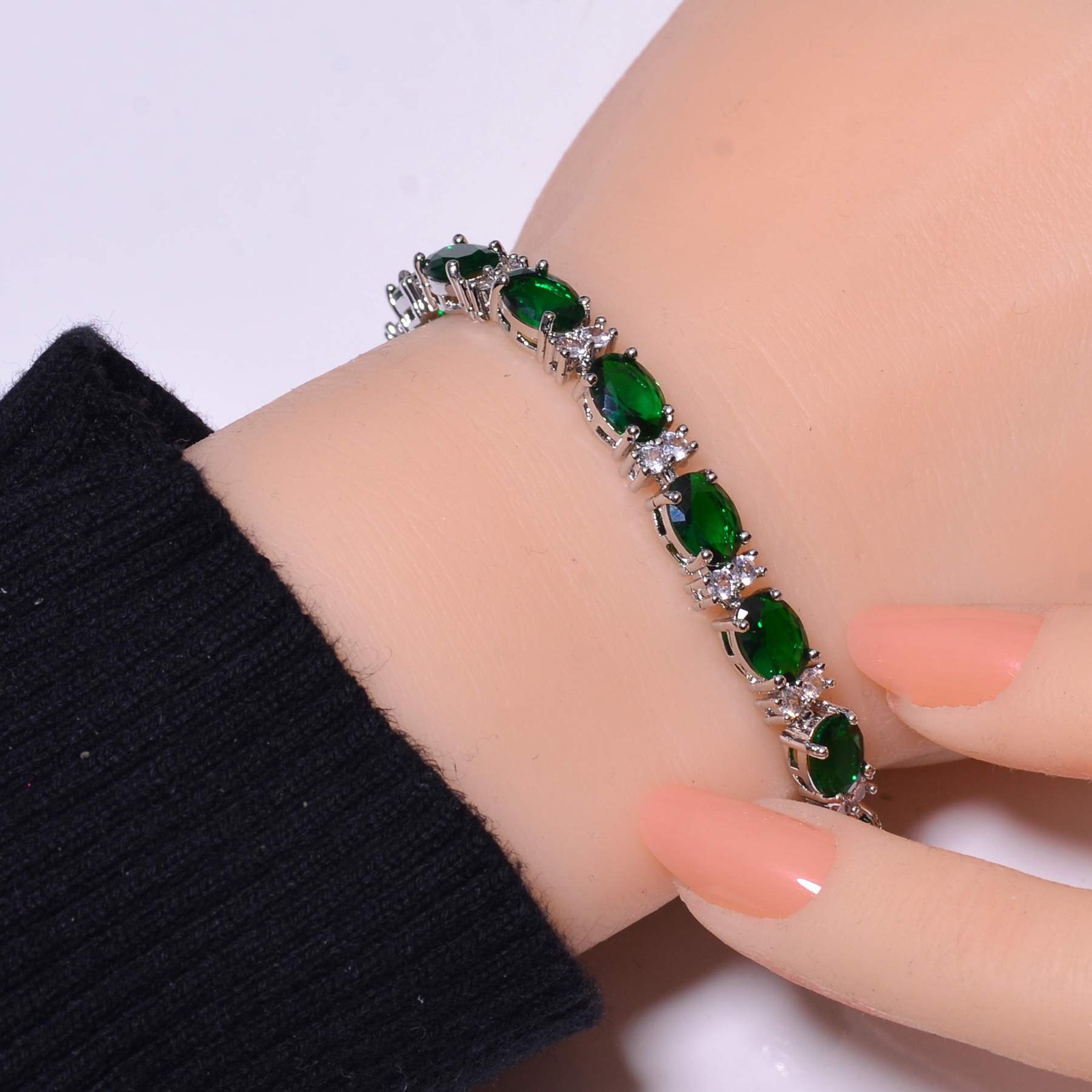 Tsavorite, Cubic Zirconia Gemstone 925 Sterling Silver Tennis Bracelet 7.99″ B94