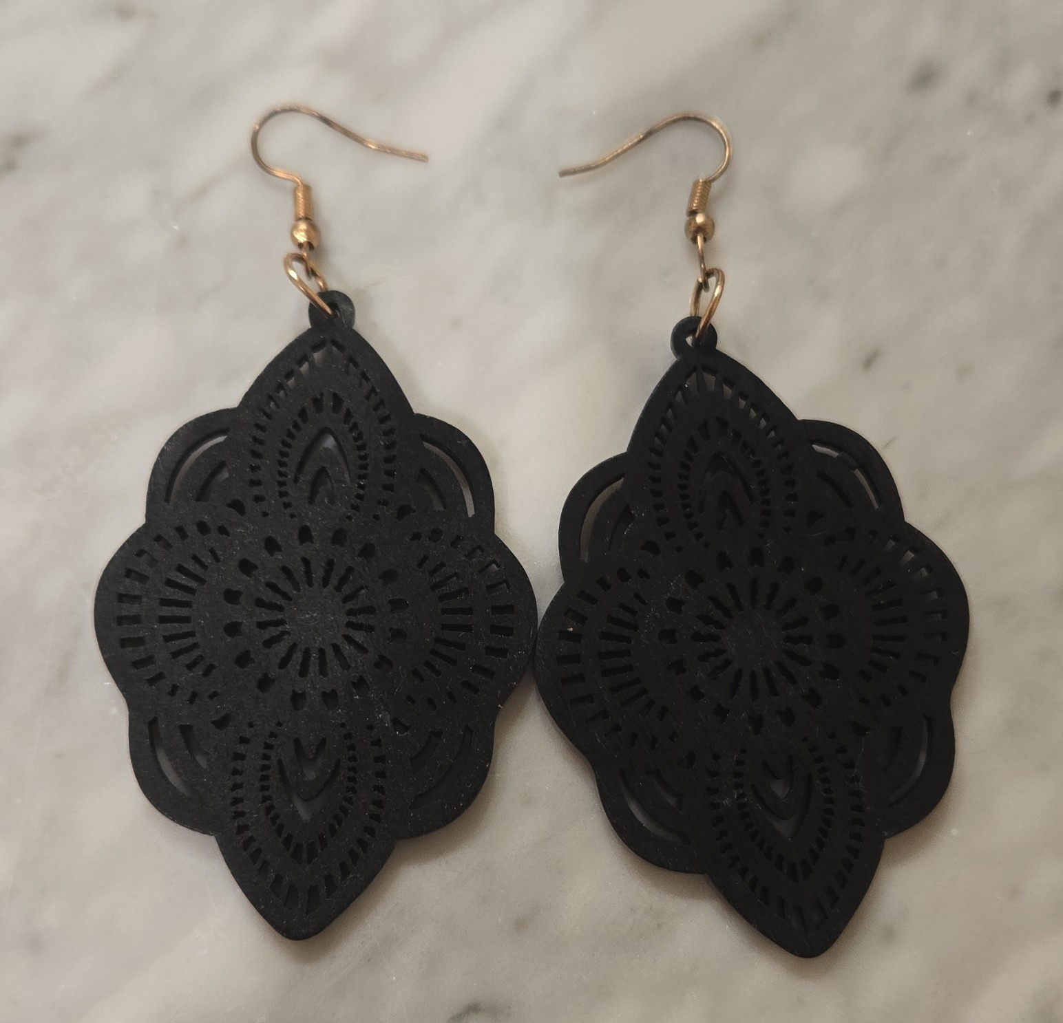 Black Flower Cutout Dangle Drop Earrings Hook Closure No Stone