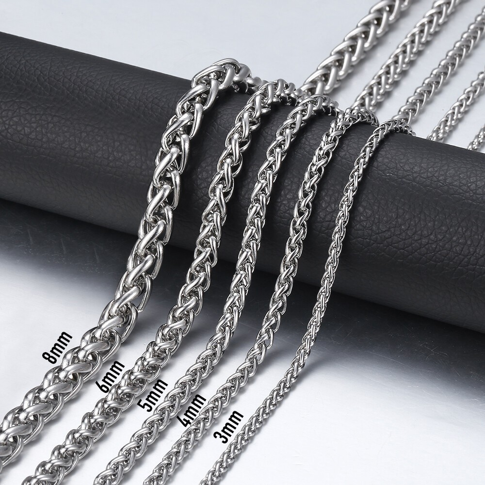 USA Stock 3/4/5mm Unisex Wheat Spiga Chain Stainless Steel Necklace Silver Men