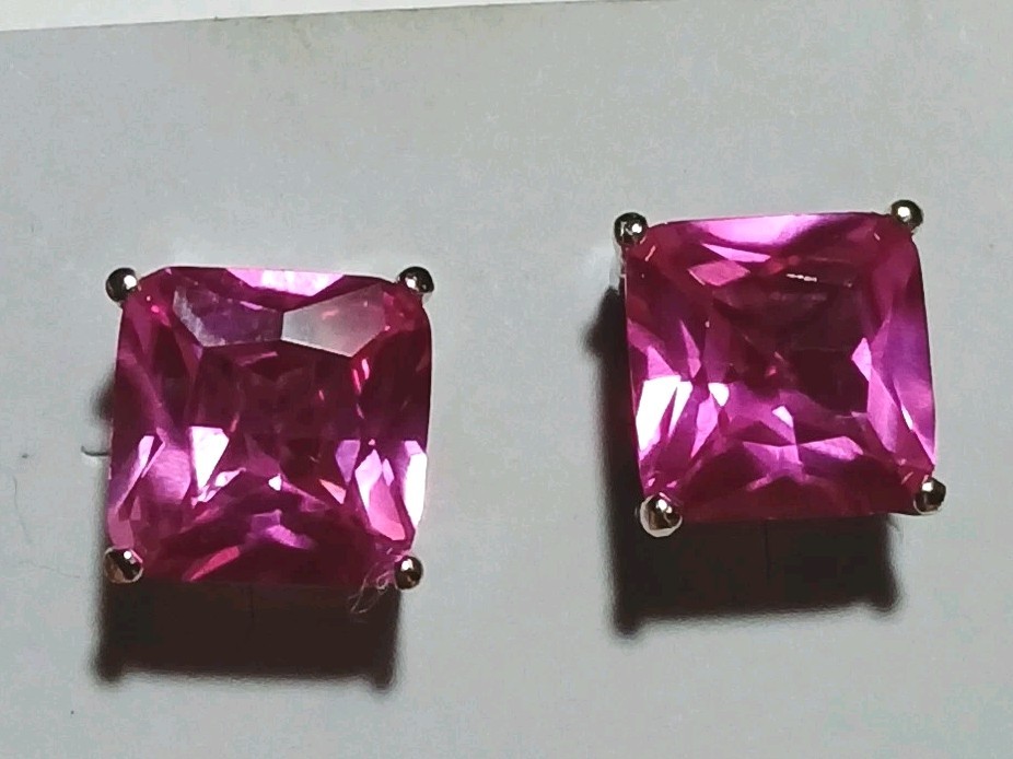Cubic Zirconia Earrings Small Square Fuchsia Pink