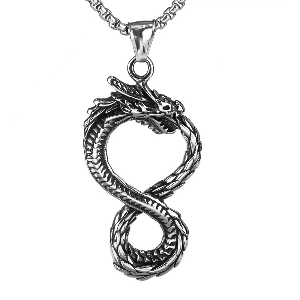 Silver Ouroboros Dragon Pendant Necklace Men’s Punk Rock Jewelry Chain 24″ Gift